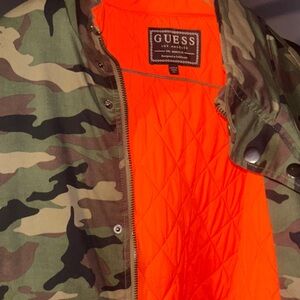 GUESS Men's Military Camouflage Jacket with Bright Orange Interior